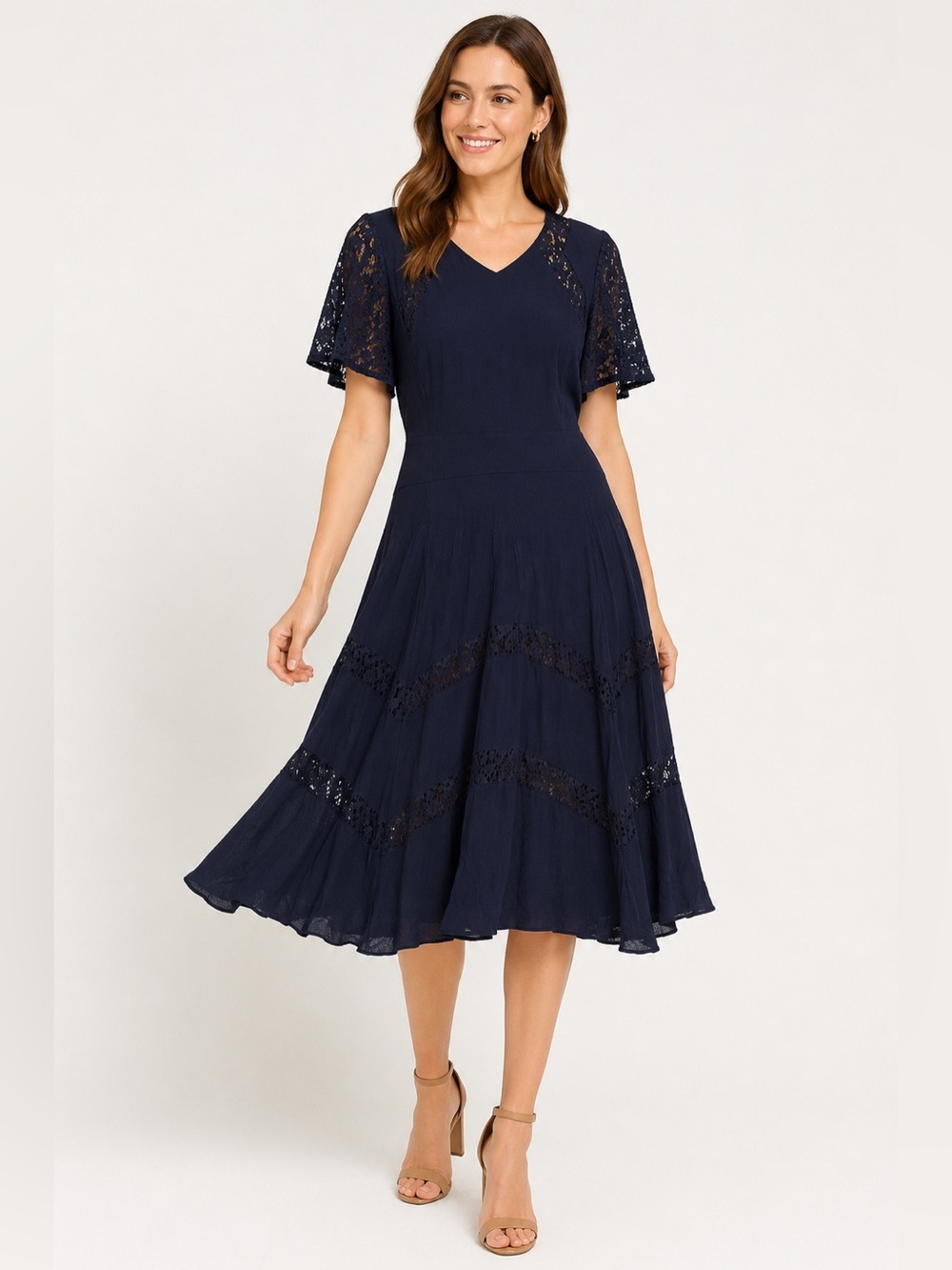 Rebecca Taylor Navy Lace Inset Flutter Sleeve Fit Flare Dress Size 12 Cocktail